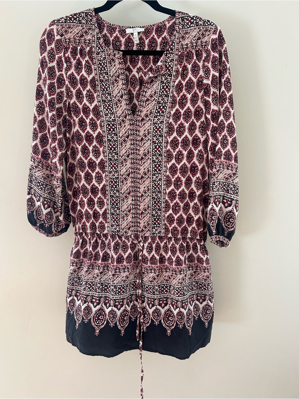 Printed Peasant Tunic in Burgundy and Cream